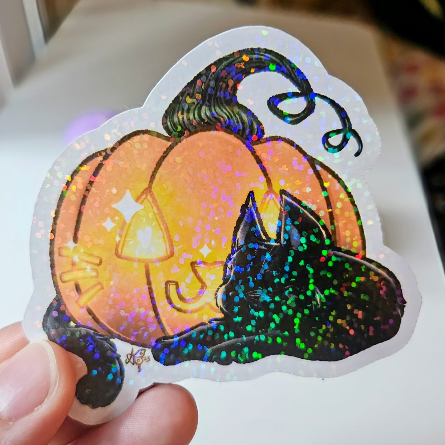 3.25" Halloween Sleepy Jack-o-lantern Black Cat Vinyl Sticker