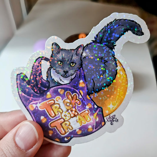 3.5" Halloween Cat in Trick-or-Treat Bag Vinyl Sticker