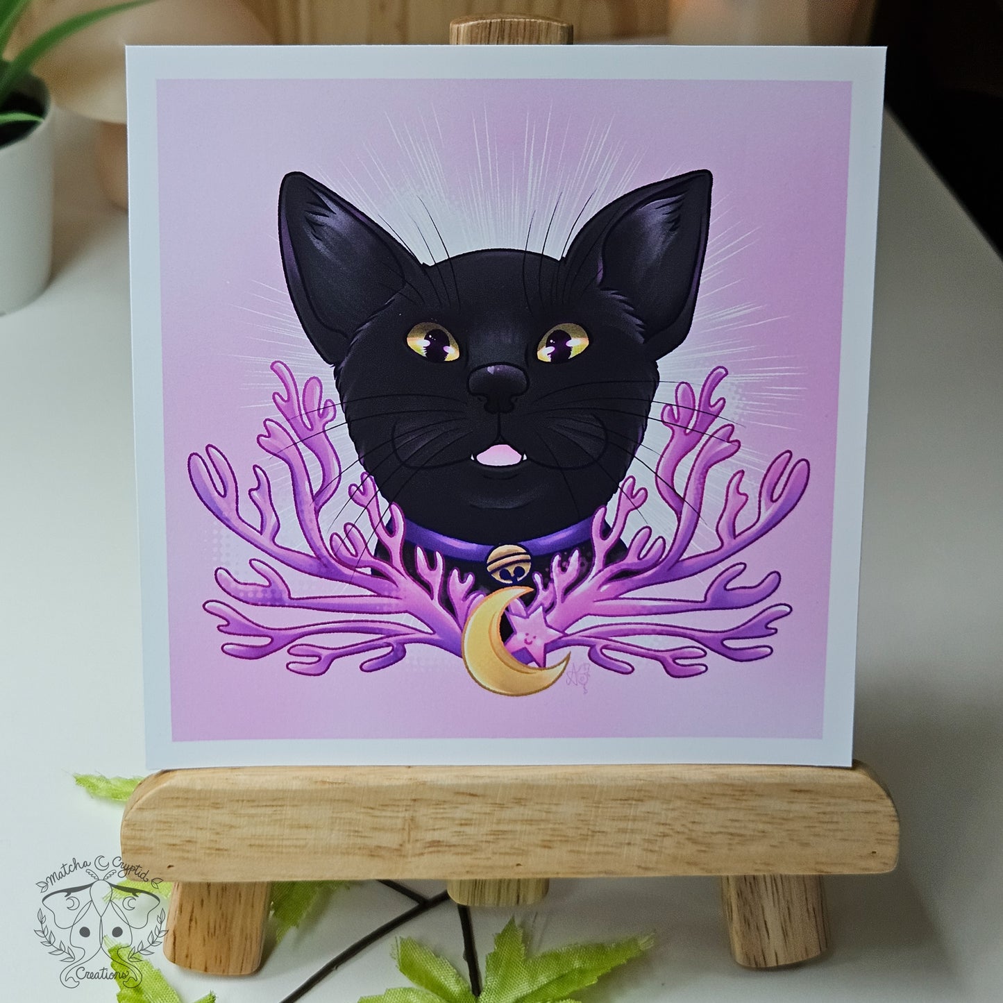 5x5 Black Cat Lilac Coral Fungi Moss Cat Print